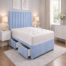 Sky blue 4ft6 double plush velvet divan bed set with headboard and mattress No Drawers