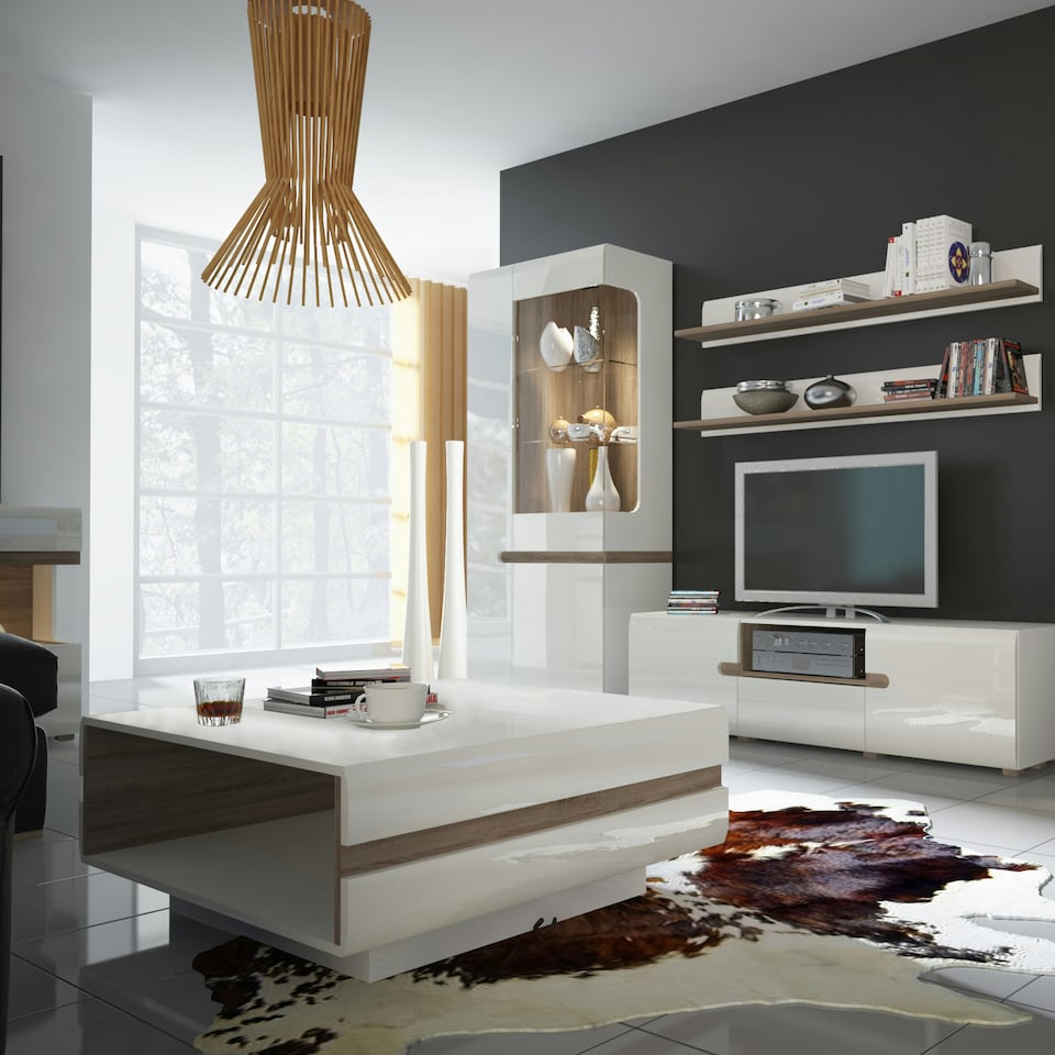 image 1 of Chelsea Living Tall Glazed Narrow Display Unit (LHD) in White with a Truffle Oak Trim