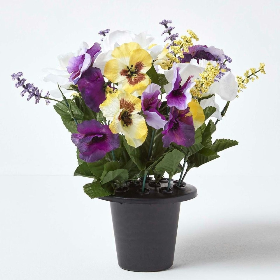 image 1 of Homescapes Set of 2 Purple & Yellow Pansy & Roses Artificial Flowers in Grave Vases