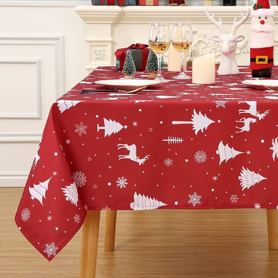 image 1 of London Boutique Christmas Tablecloth, Waterproof Washable Polyester Oxford Table Cover with Xmas Tree Reindeer Print