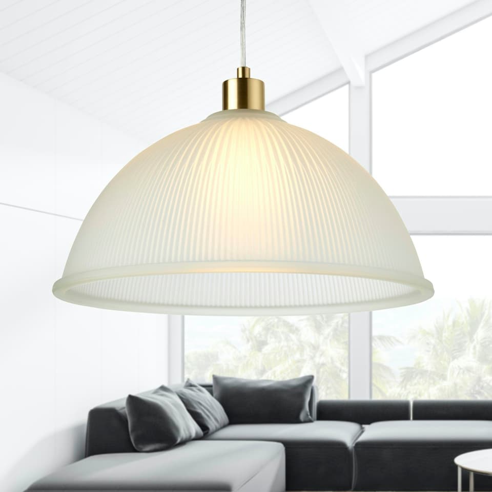 image 1 of First Choice Lighting Frosted Ribbed Glass with Satin Brass Ceiling Pendant Bronze | White
