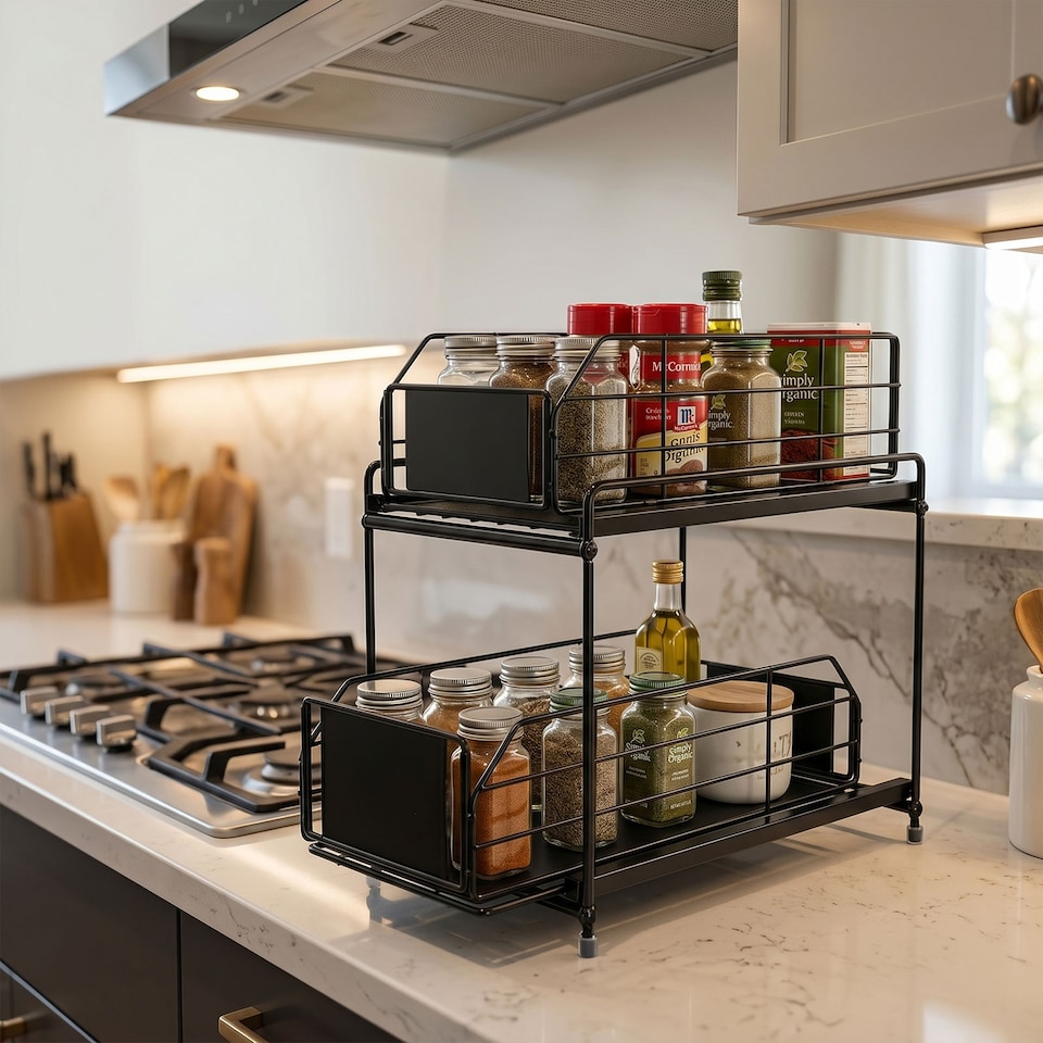 image 1 of TOQUE 2 Tier Pull Out Basket Under Sink Kitchen Cabinet Storage Organiser Drawer