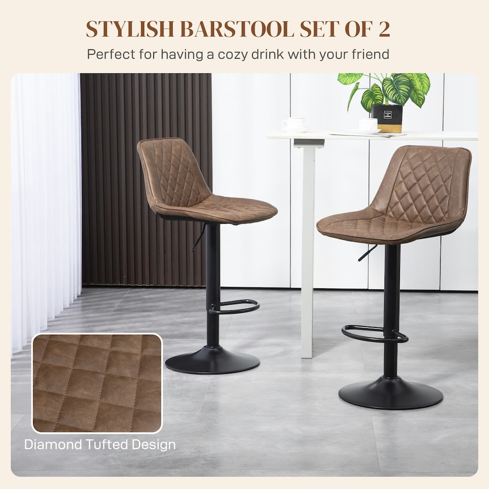 image 1 of HOMCOM Bar Stools Set of 2, Adjustable Bar Chairs Swivel for Kitchen Brown