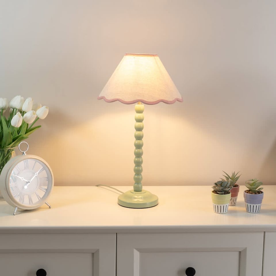 image 1 of ValueLights Bobbles Sage Green Table Lamp Pink Trim Scallop Shade & Bulb | Pink