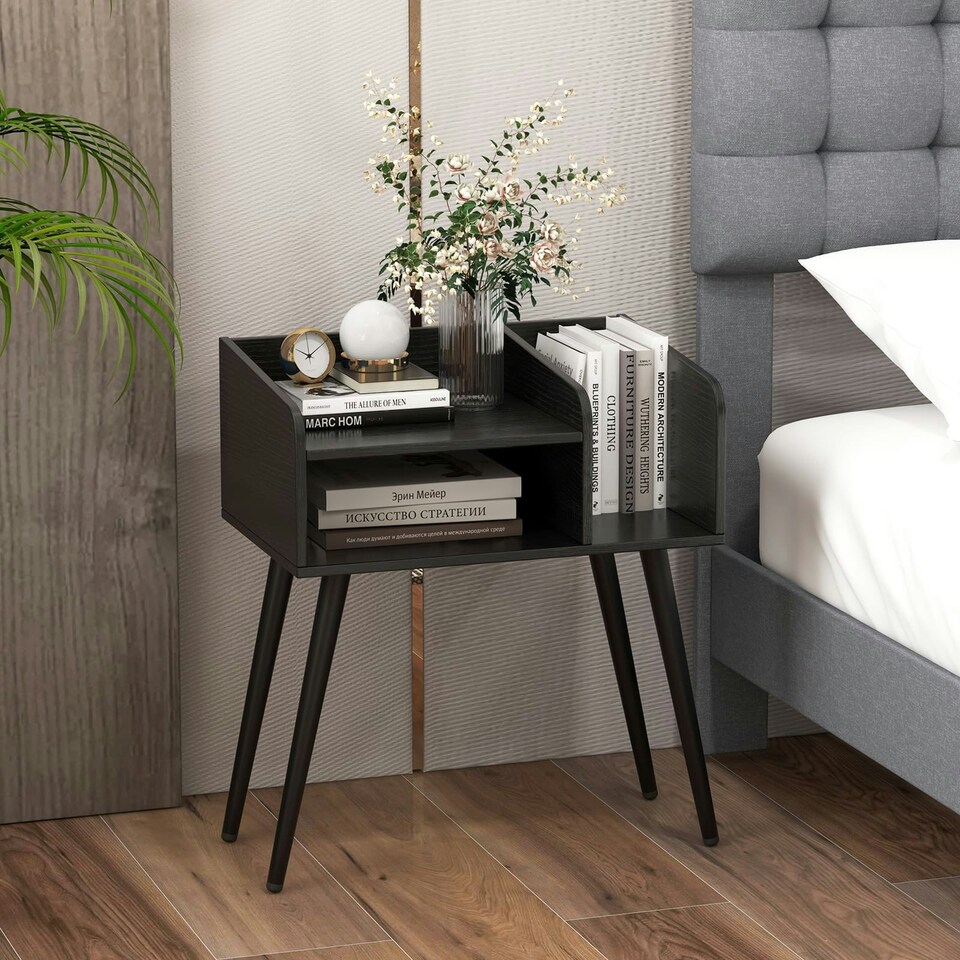 image 1 of COSTWAY Modern Nightstand 2-Tier Bedside Table Black Black