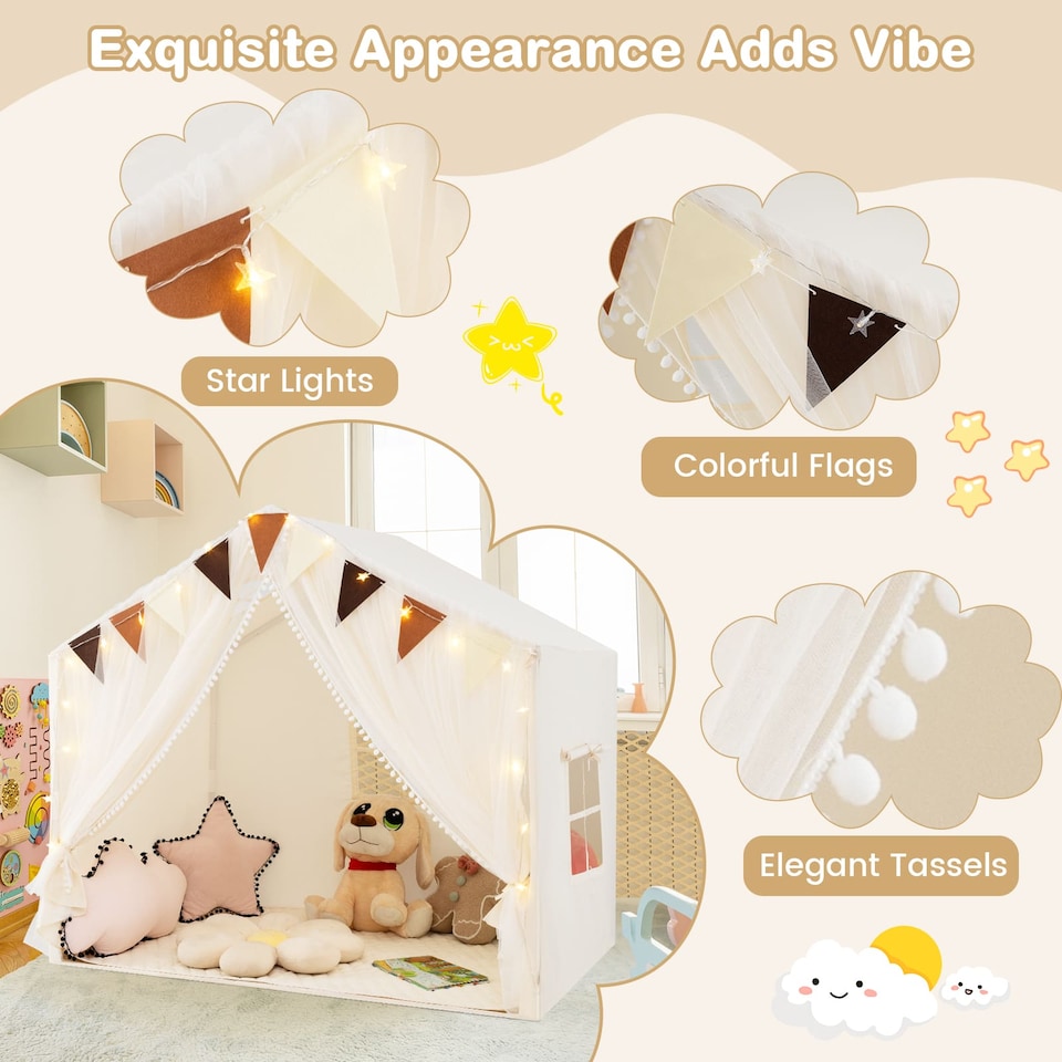 image 1 of COSTWAY Kids Play Tent 3-4 Kids Large Play Tent House w/Screen Curtains-Beige