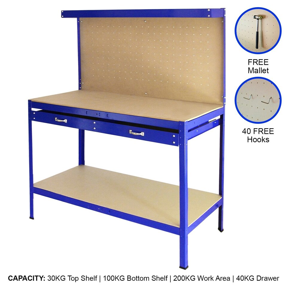 image 1 of Workbench With Pegboard And Drawer In Blue Blue