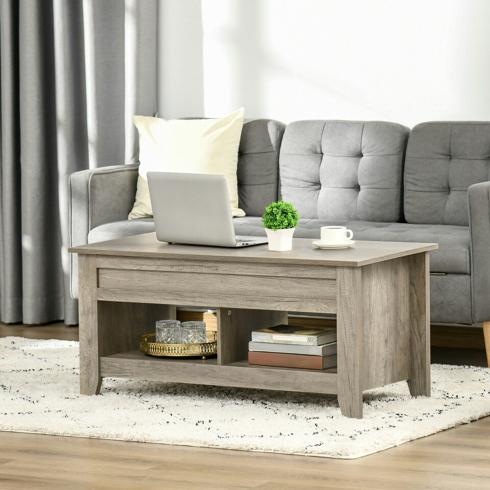 image 1 of HOMCOM Lift Top Coffee Table w/ Hidden Storage Compartment & Shelves Oak Yellow