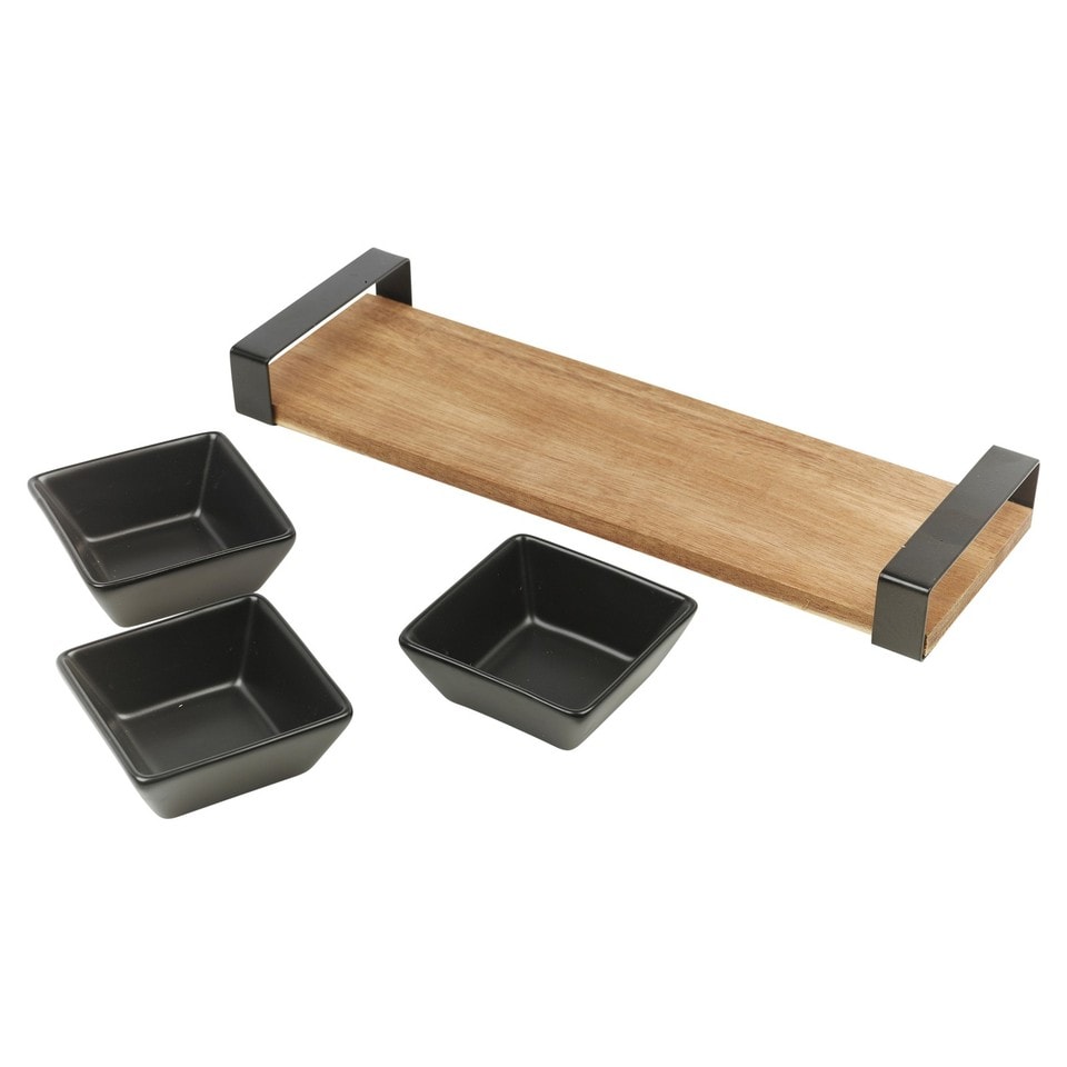 image 1 of 4 Pcs Serving Set Black Ceramic Snack Dips Tapas Bowls Dishes Acacia Wood Board