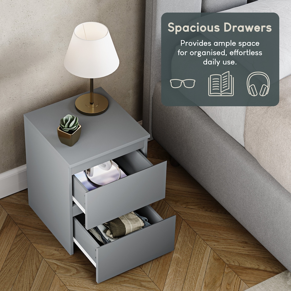 image 1 of Vida Designs Denver 2 Drawer Chest of Drawer Bedside Cabinet Nightstand Units Set of 2 - Grey
