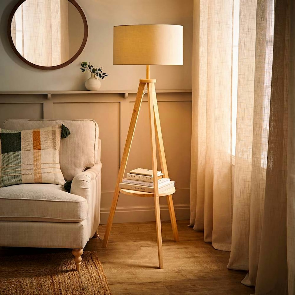image 1 of ValueLights Morrigan Natural Shade Wood Tripod Floor Lamp Cream