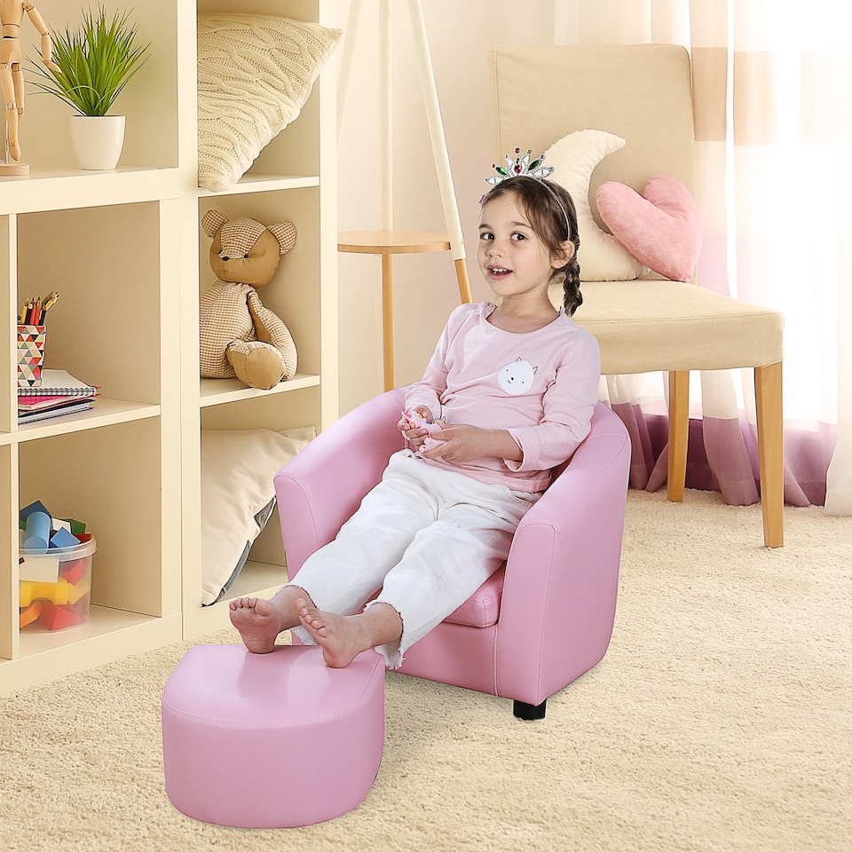 image 1 of HOMCOM Kids Sofa Set Children Armchair Toddler Chair Padding with Footstool | Pink | One Size