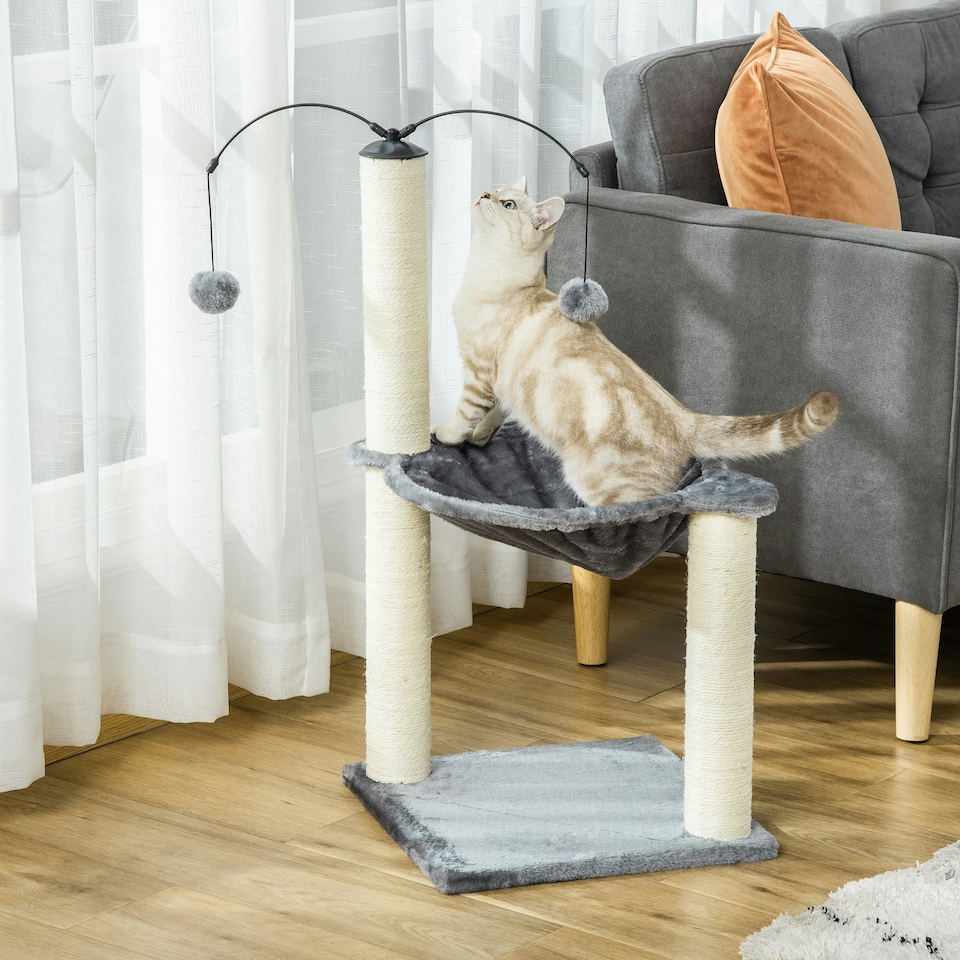 image 1 of PawHut 83cm Cat Tree Tower with Sisal Scratching Post Hammock Toy Grey