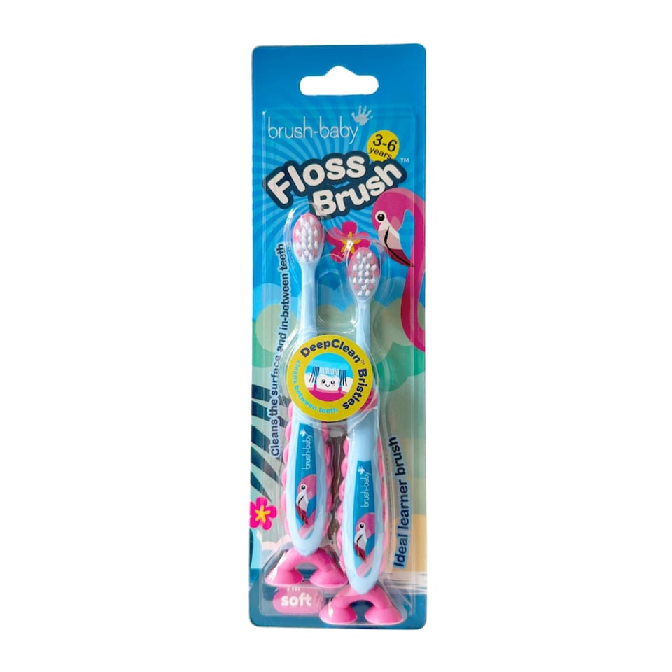image 1 of Brush Baby Flamingo FlossBrush™ Bristles Toothbrushes Double Pack (3-6 Years)