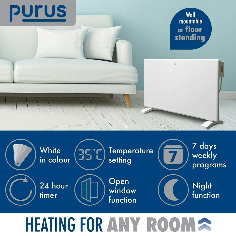 image 1 of Purus 1200W Electric Panel Heater Wall Mounted White Radiator