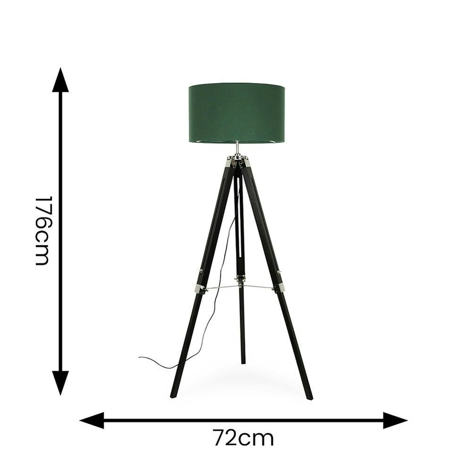 image 1 of ValueLights Clipper Modern Black Wood and Silver Chrome Tripod Floor Lamp with Forest Green Drum Shade