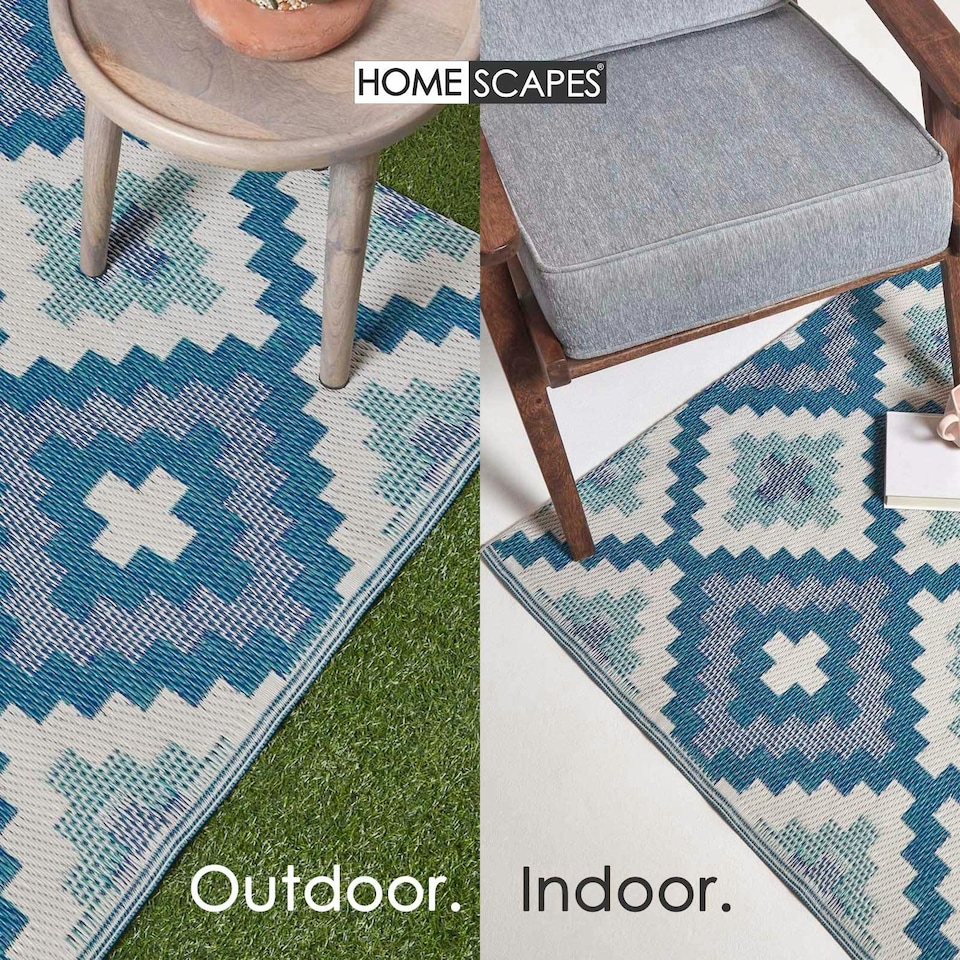 image 1 of Homescapes Outdoor Rug Luxury Waterproof Reversible Recycled, For Garden, Mia Aztec | Blue | Blue