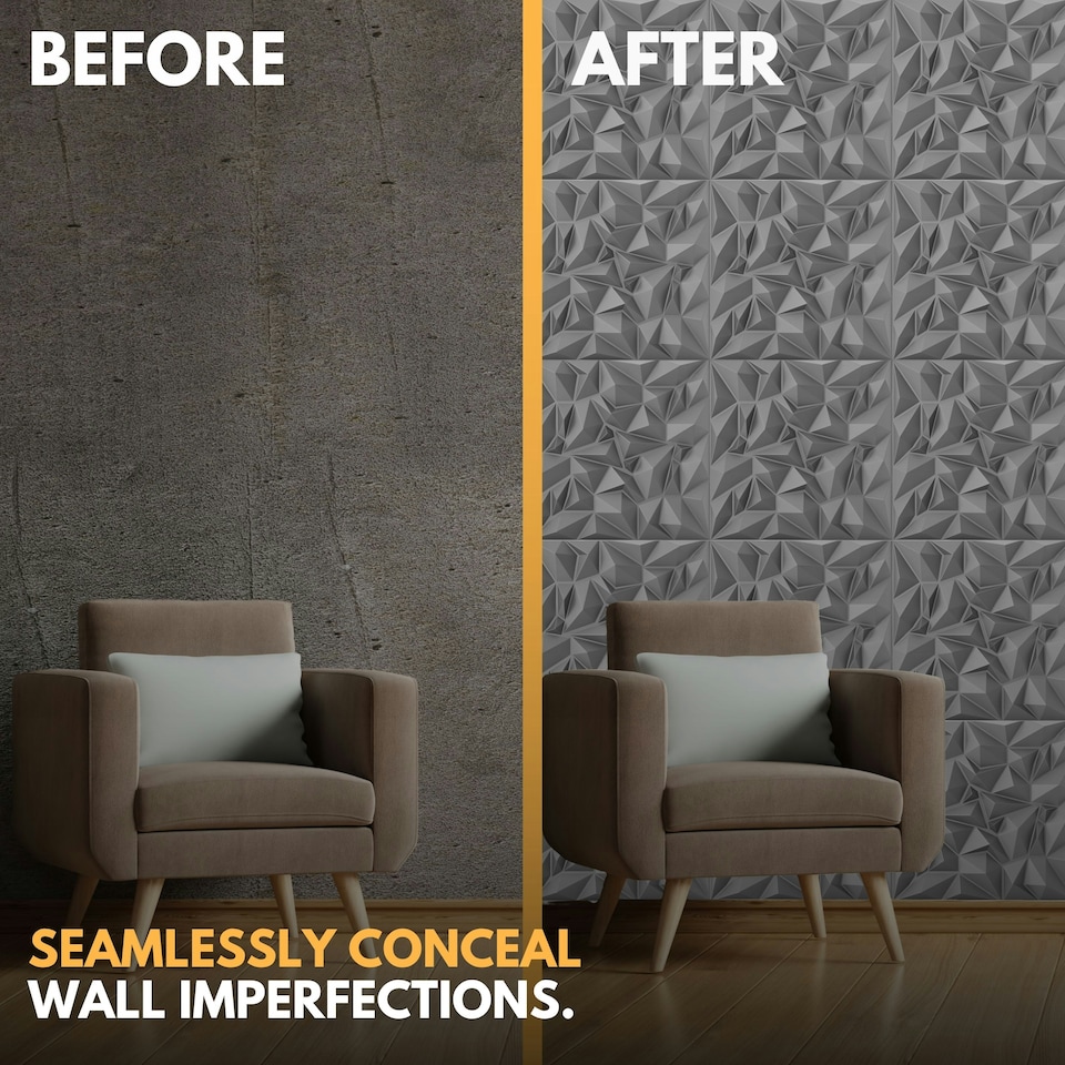 image 1 of NOVECRAFTO Diamond Effect 3D Wall Panels – 6 Sheets Covering 1.5 sqm (16.15 sqft) – Matte Interior PVC Cladding Tiles – 19.6"x19.6" Diamond Design Silver Grey
