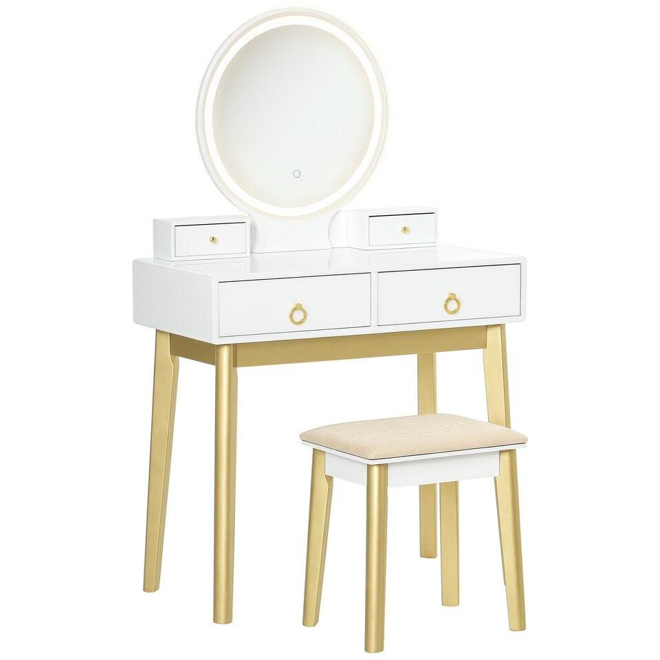 image 1 of HOMCOM Dressing Table Set With LED Mirror, Stool & 4 Drawers Makeup Desk White