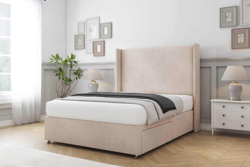 image 1 of Sloomy Devonshire Sand Naples Divan Bed With Mattress No Drawers With 54" Wingback Headboard 4' Small Double | Cream | Sand | Small Double | 1