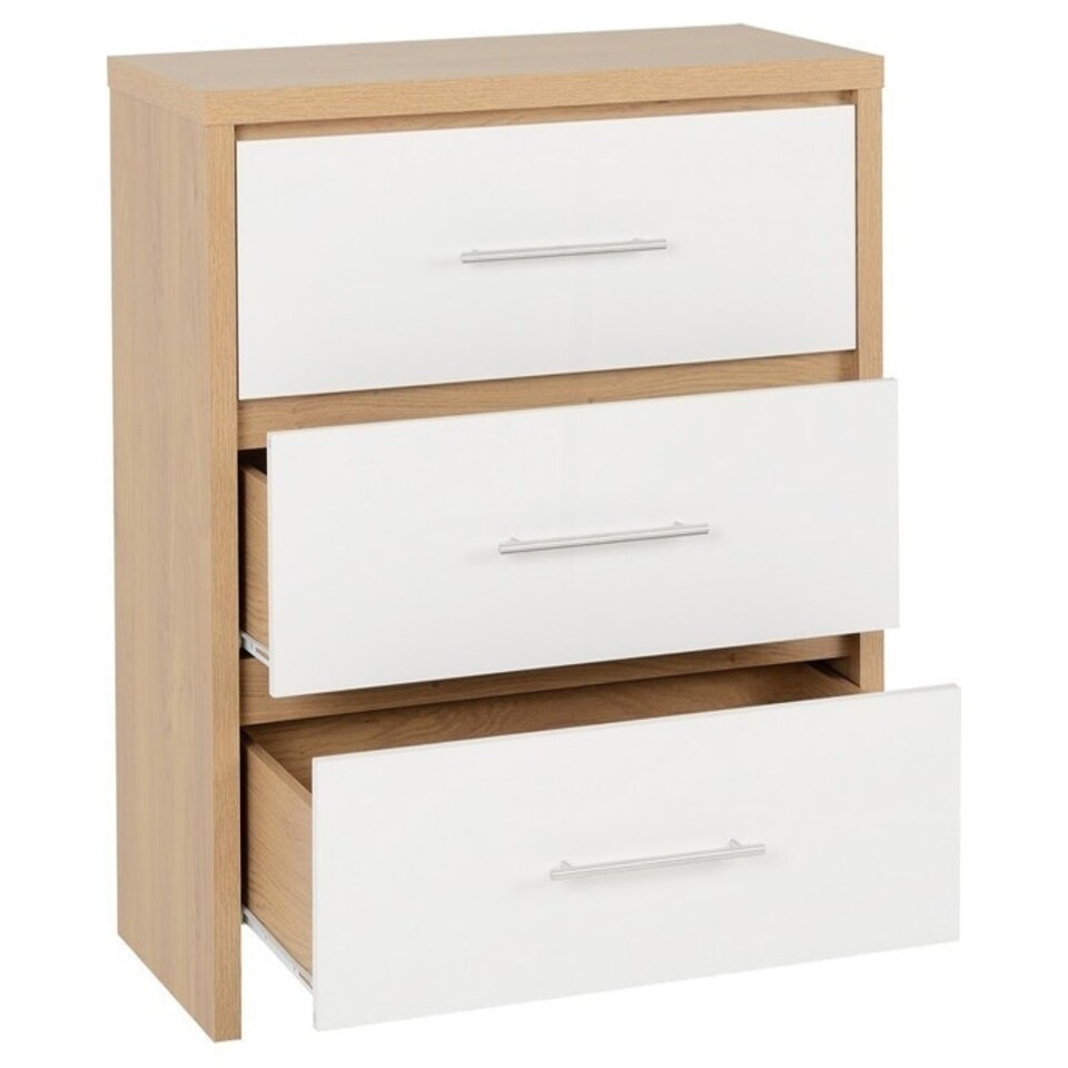 image 1 of Seville 3 Drawer Chest - L39 x W80 x H86 cm - White High Gloss/Light Oak Effect Veneer