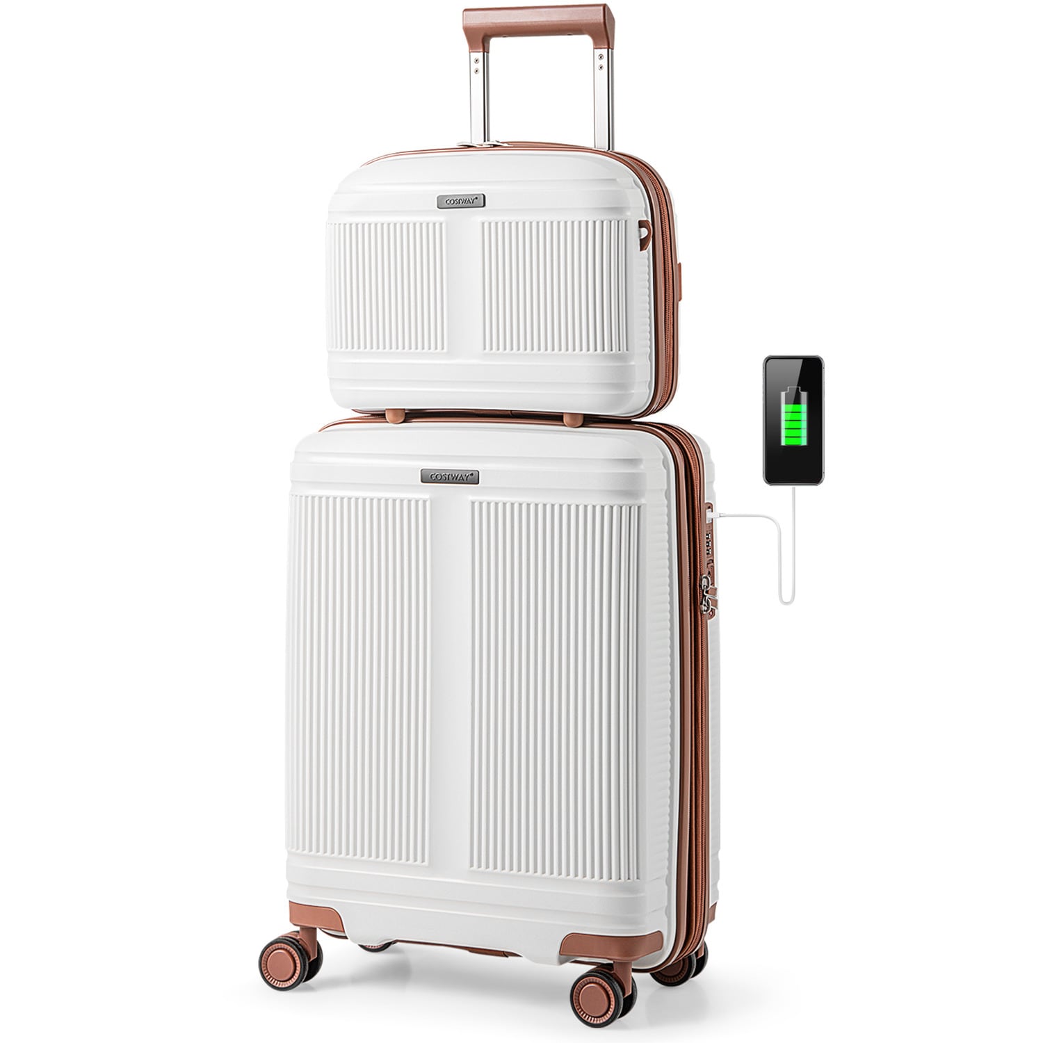 COSTWAY 2-Piece Luggage Set 20â Carry-on Suitcase & 14â Cosmetic Case-White
