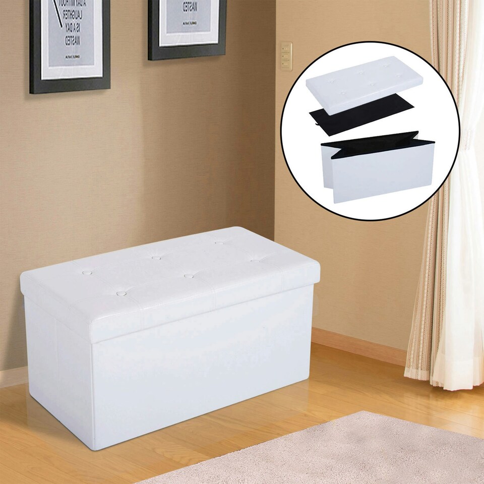 image 1 of HOMCOM Storage Ottoman Tool Box Faux Leather Folding Bench Foot Rest, White