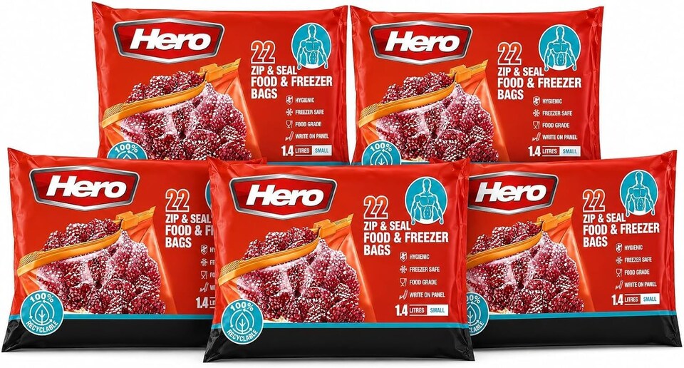 image 1 of Hero Zip Seal Food & Freezer Bags Small 1.4L – 22 Reusable BPA Free Zip Lock Food Storage Bags for Sandwiches, Fruit, Meat, Vegetables, Snacks & Travel | Clear | Clear | 1.4L | 110
