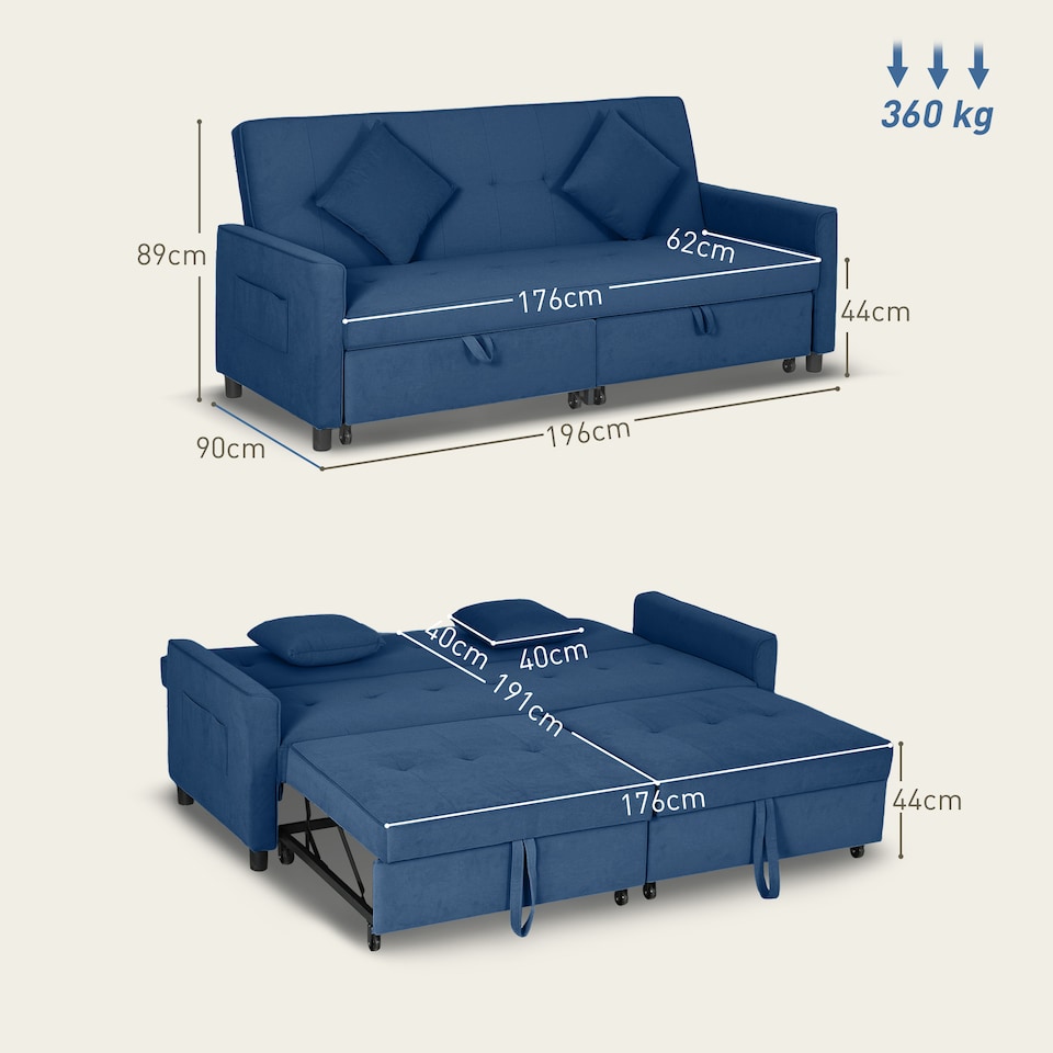 image 1 of HOMCOM Sectional Sofa Bed, L-Shaped 3 Seater Sofa Bed, Reversible Sleeper Sofa with Pull Out Couch Bed, Cushions, Fabric Futon Sofa Bed for Living Room, Blue