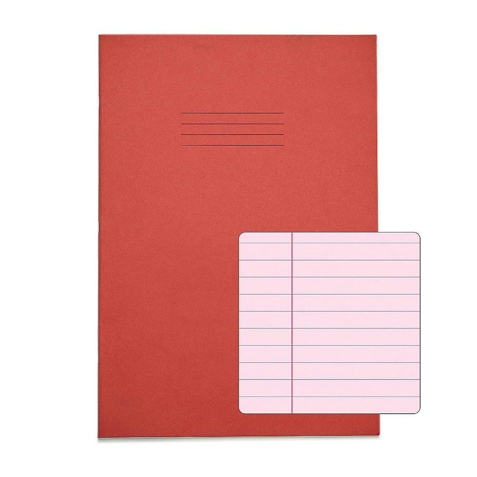 image 1 of Pack of 10 Rhino A4 48 Page Red with Pink Tinted Paper 8mm Lined with Margin Exercise Books
