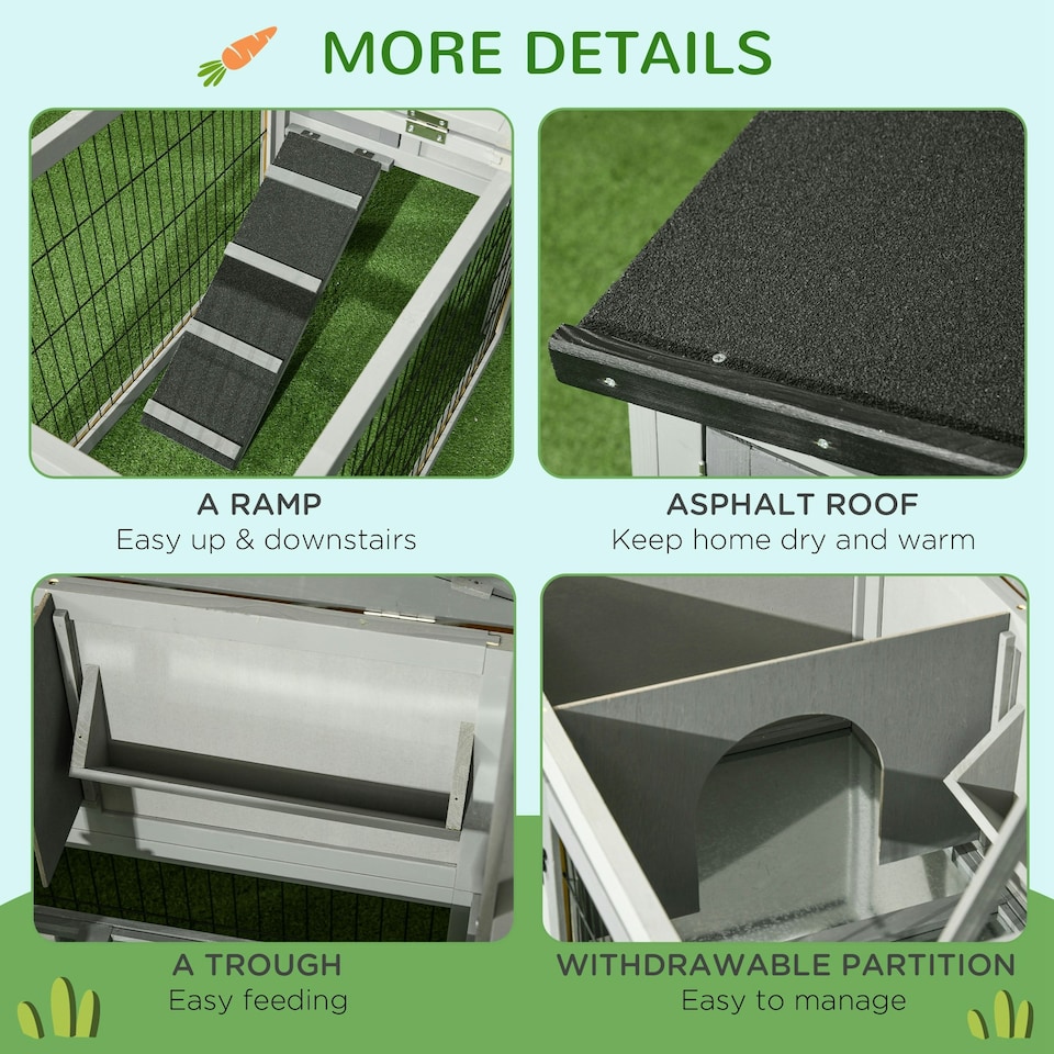 image 1 of PawHut Rabbit Hutch, Wooden Guinea Pig Hutch with Run & Tray, Grey