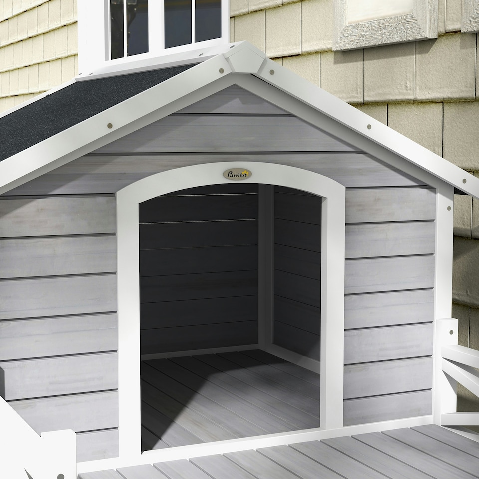 image 1 of PawHut Wooden Dog House w/ Porch, Water-resistant Roof, for S M Dogs, Grey | Multi