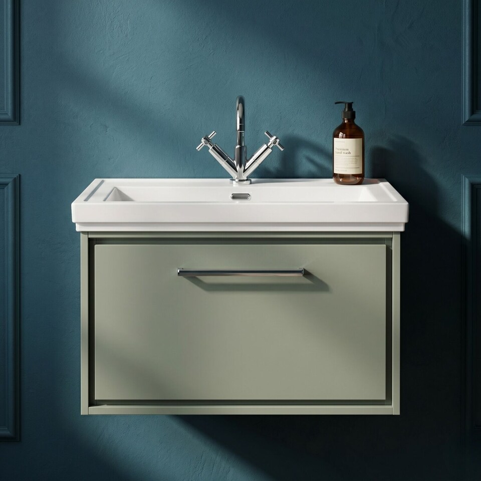 image 1 of Balterley Modern Bathroom Wall Hung Single Drawer Vanity Unit with Fireclay Basin - 1 Tap Hole | Green | Reed Green | 498 x 830 x 471mm