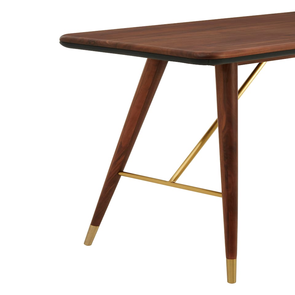 image 1 of Interiors by Premier Walnut Wood Console Table with Leather Trim, Modern Retro Entryway Table with Brass Accents, Console Table Gold