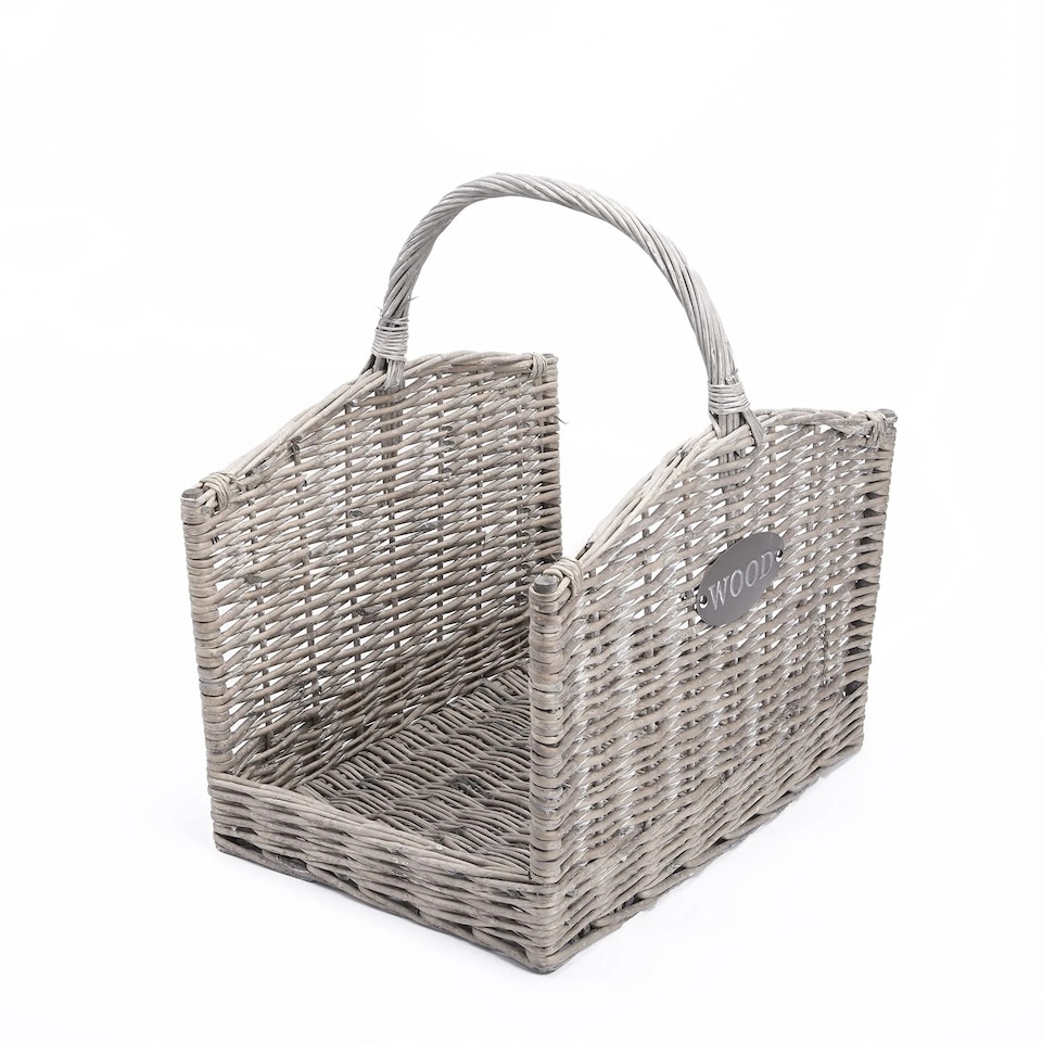 image 1 of Wickerfield Wicker Log Basket, Grey Firewood Basket With Handle, Rustic Fireside Wood Storage Basket For Fireplace, Wood Burner And Kindling (Set (L+M))
