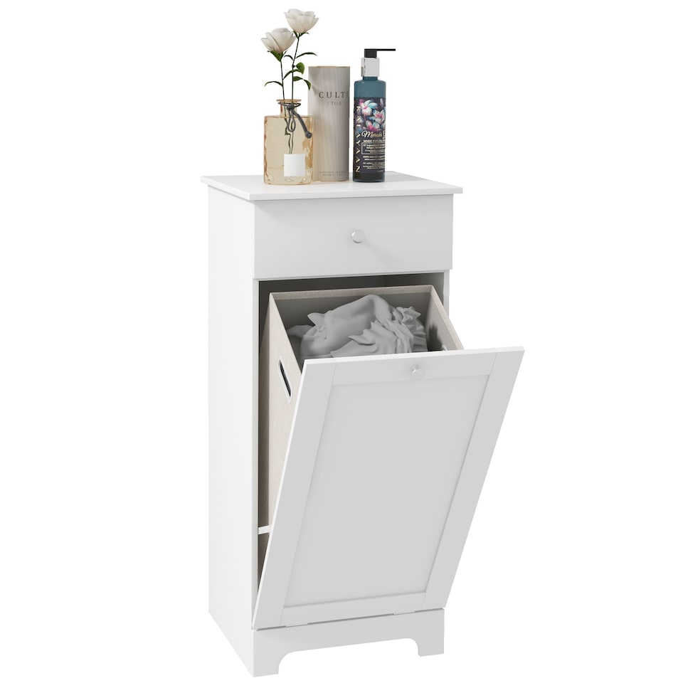 image 1 of HOMCOM Laundry Cabinet, Bathroom Cabinet with Laundry Basket, Bathroom Storage Unit with Foldable Laundry Hamper and Drawer for Washroom, White