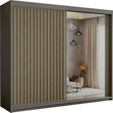 Modern Vertical Panelled Sliding Wardrobe 150cm | White/Black/Grey/Oak 2-Door Bedroom Storage Grey | (Oak Strip) 150cm 
