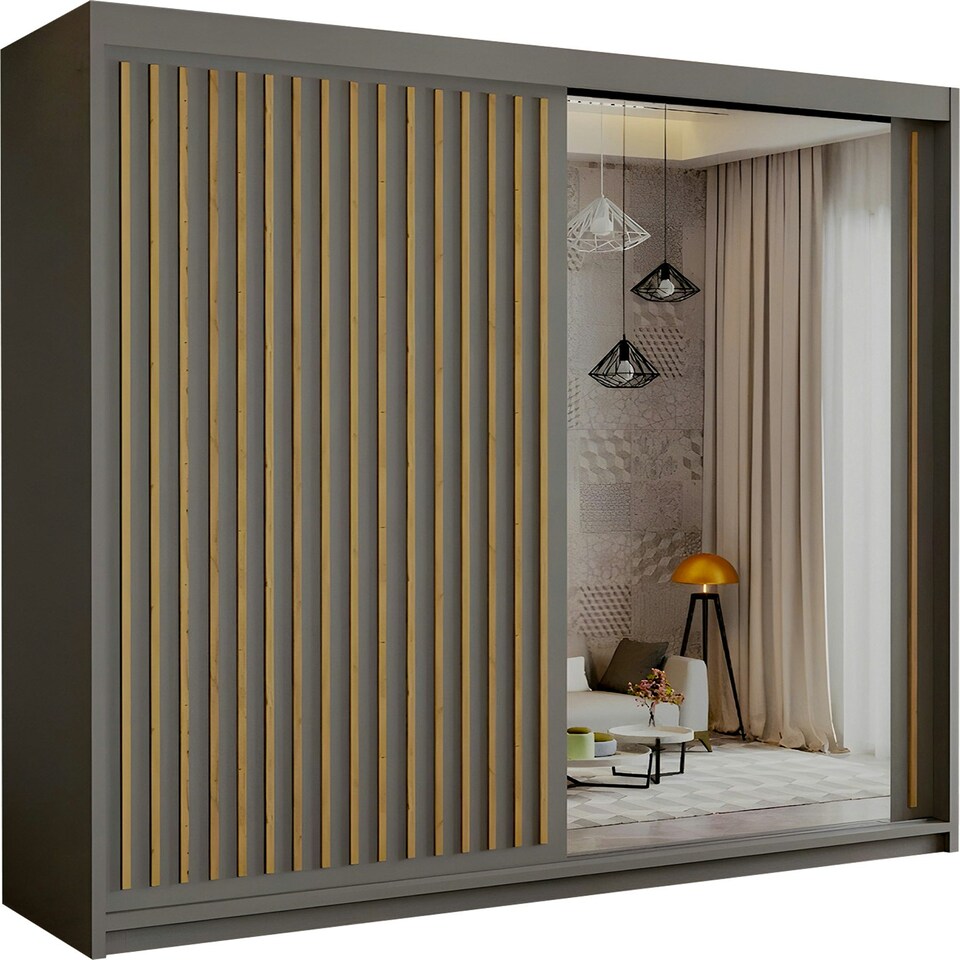 image 1 of Modern Vertical Panelled Sliding Wardrobe 150cm | White/Black/Grey/Oak 2-Door Bedroom Storage Grey | (Oak Strip) 150cm