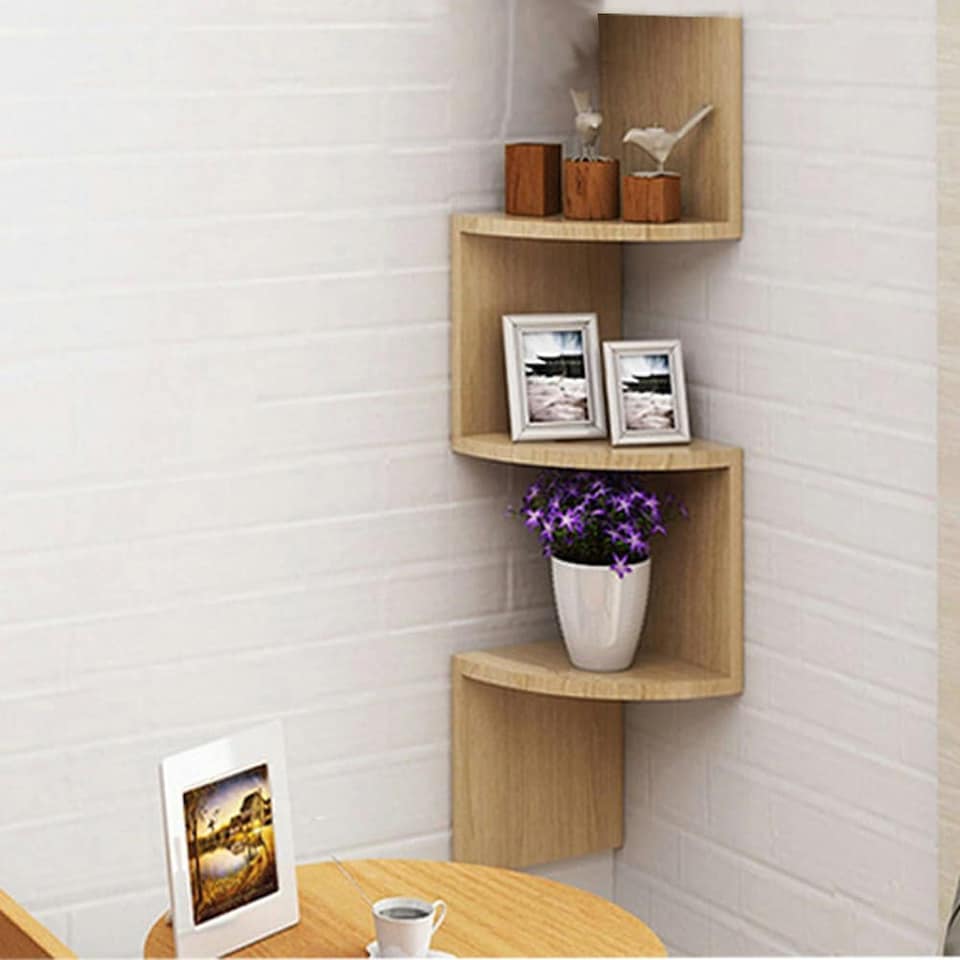 image 1 of Living and Home 3 Tier Wooden Floating Corner Wall Shelf- Brown