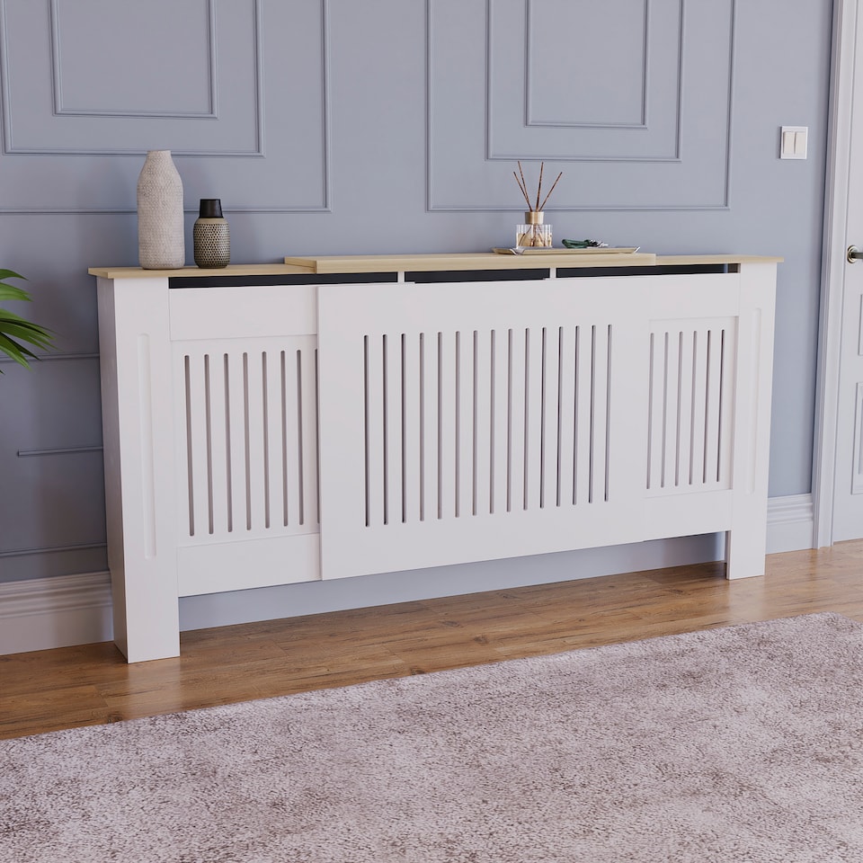 image 1 of Vida Designs Arlington Adjustable Radiator Cover upto 204cm Width Painted MDF Heat Protection - White
