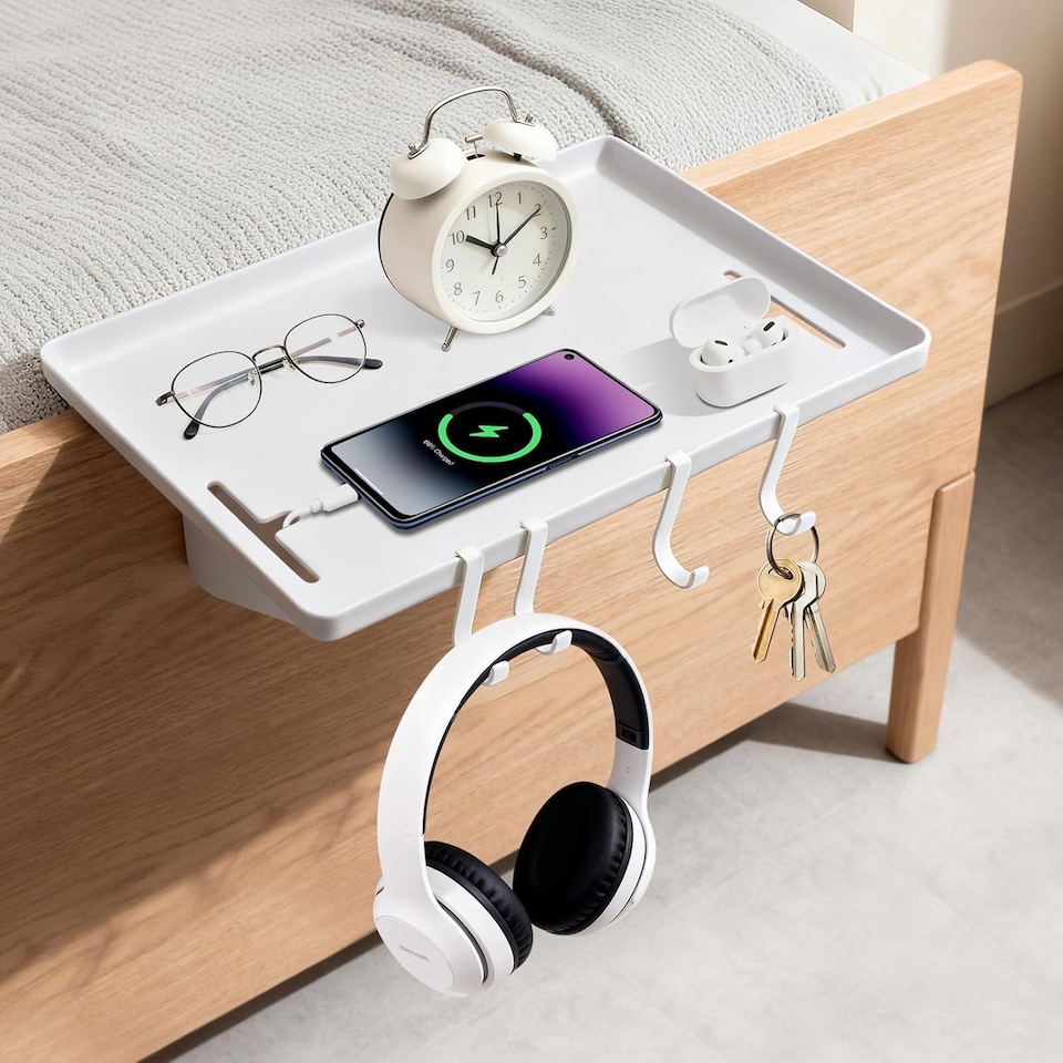image 1 of Bedside Shelf for Bunk Beds & Bed Frames - Floating Bedside Tray with 4 Hooks, No-Drill Installation - Ideal for Dorm Rooms, Kids Rooms & Small Spaces (White)