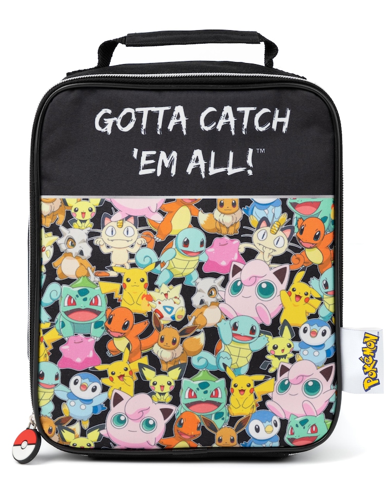 image 1 of Pokemon Kids Lunch Bag | Insulated Food Container with Pikachu Eevee Gotta Catch 'Em All Print | School Carry Case with Adjustable Drinks Holder | Polyester Lunchbox