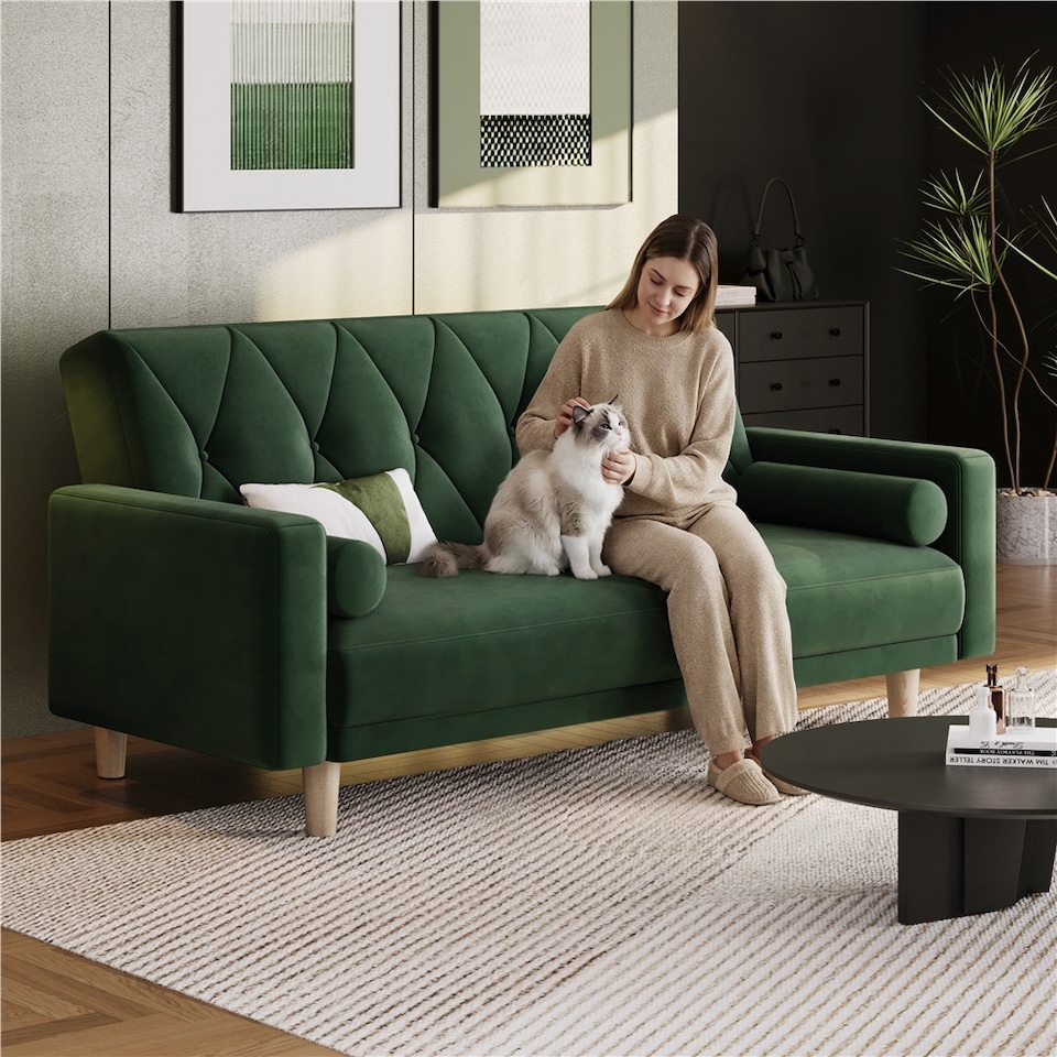 image 1 of Yaheetech Velvet Convertible Sofa Bed with 2 Bolster Pillows-Green