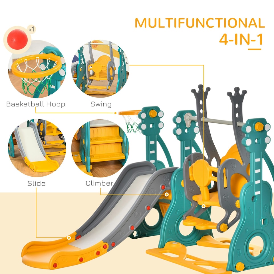 image 1 of HOMCOM 3-IN-1 Kids Swing and Slide Set with Basketball Hoop Slide Swing