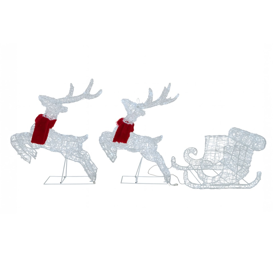image 1 of Neo 240 LED Christmas Sleigh Reindeer Outdoor Decoration Warm Bright White Mixed Light Effects Timer 65cm Reindeers Weatherproof Frame 6 Ground Hooks Included