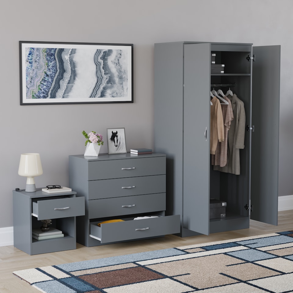 image 1 of Vida Designs Riano 3 Piece Bedroom Set (1 Drawer Bedside Chest, 4 Drawer Chest, 2 Door Wardrobe), Grey (4)