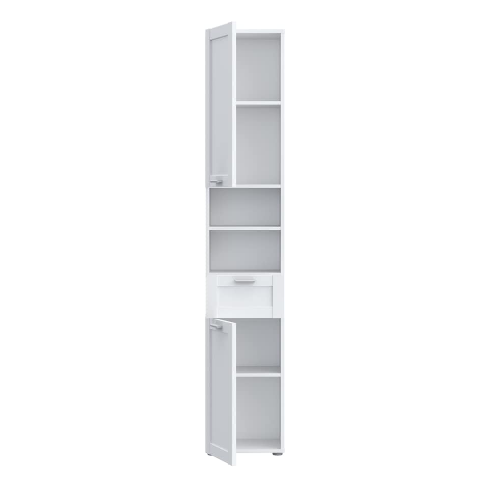 image 1 of Lokko Tall Narrow Bathroom Cabinet with 2 Doors & 1 Drawer with Silver Handles in White