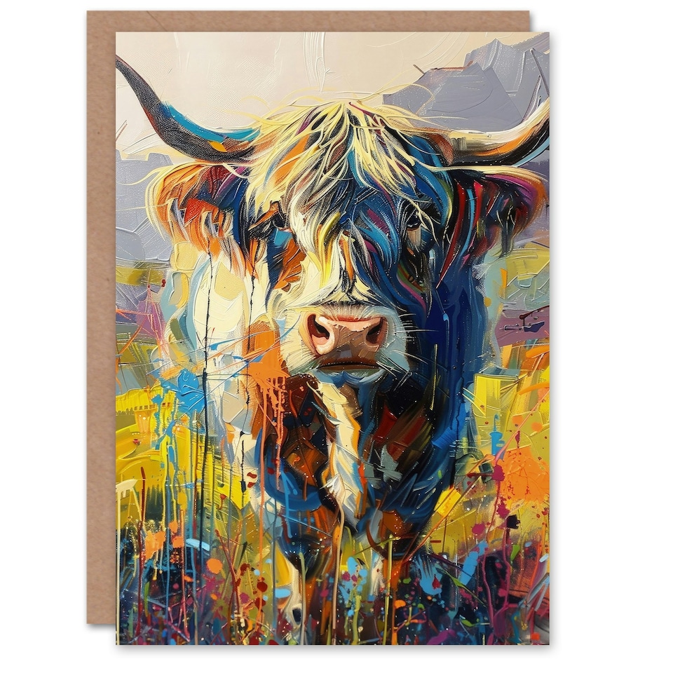 image 1 of Highland Cow Scottish Oil Painting For Him Birthday Card