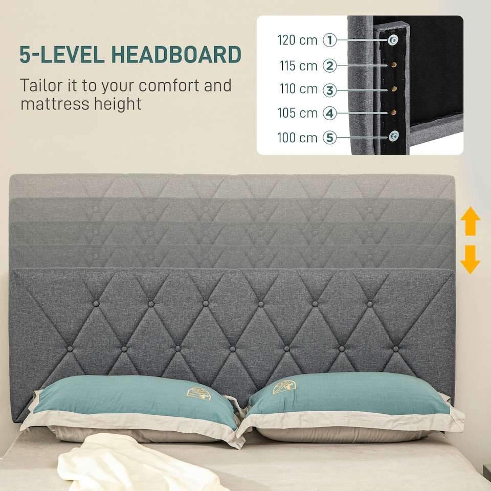 image 1 of HOMCOM Double Bed Frame with 5-Level Adjustable Linen Headboard
