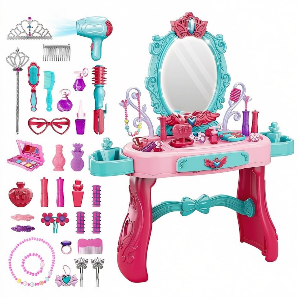 image 1 of Girls Dressing Vanity Table Playset with Lights, Mirror & Makeup Accessories – Princess Pretend Beauty Salon Toy for Kids Ages 3+